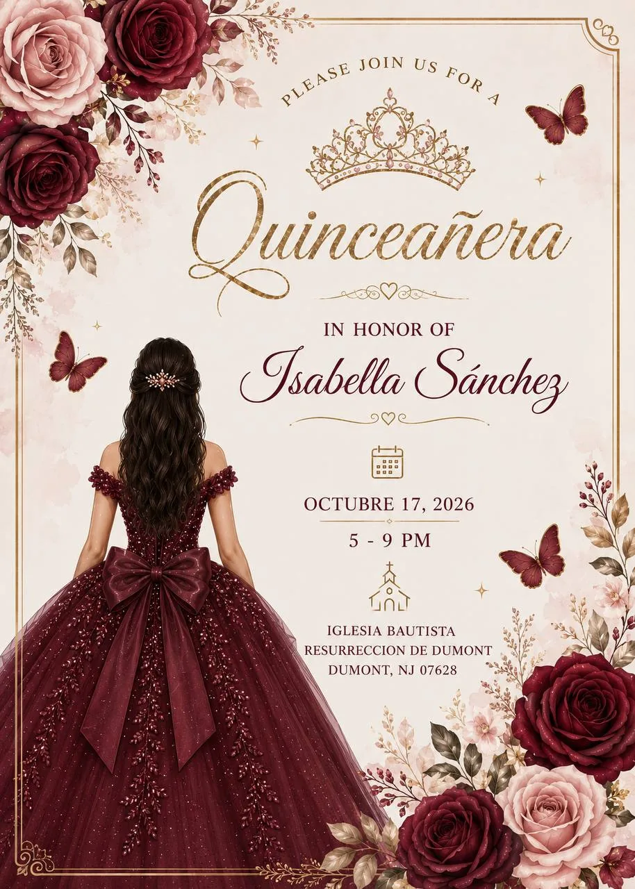 Invitación a la quinceañera de Isabella Sánchez, 17 de octubre de 2026, de 5:00 a 9:00 pm
